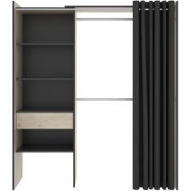 Armoire dressing extensible avec rideau + 1 tiroir coloris naturel/graphite - Longueur 110-160 x Hauteur 203 x Profondeur 50 cm Pegane