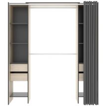 Armoire dressing extensible avec rideau + 4 tiroirs coloris naturel/graphite - Longueur 100-180 x Hauteur 203 x Profondeur 50 cm -PEGANE-