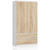 Armoire Akord S90 Blanche 90 cm 2 portes 2 tiroirs façade Chêne Sonoma 4 étagères 90x51x180 cm