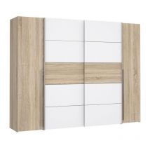Armoire narago - Décor Chene Sonoma et blanc mat - 2 portes coulissantes + 2 portes battantes - L270 x P61 x H210 cm