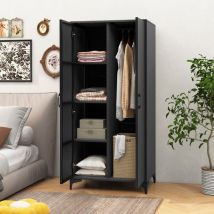 Design In - Armoire Penderie 157 cm Osier pe 2 Portes Tringle 4 Cubes Rangement Vêtements Noir CW56300