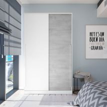 Pegane - Armoire placard meuble de rangement 2 portes coulissantes en bois coloris blanc mat et gris ciment - Hauteur 200 x Longueur 120 cm x