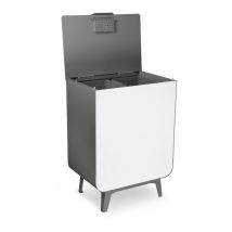 Duplo Meuble poubelle de recyclage en acier, poubelle de tri selectif, 2 seaux, Poubelle design avec pieds, 2 x 26 l (52 l), Gris & Blanc CR271-D