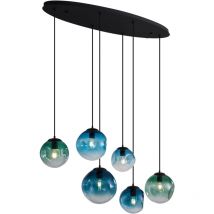 Qazqa - Art Deco Pendant Lamp Black with Oval Ceiling Plate and Green and Blue Glass 6-Lights - Douglass
