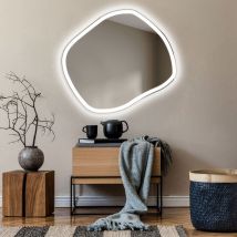 Foram - Artforma Miroir Asymétrique Avec Lumiere Led Sur Mesure Mural 64x54 Cm Miroir De Salle De Bain Avec Accessoires Rom222 Blanc Froid 7000k - 