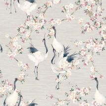 Arthouse - Blossom Crane Natural Pink Wallpaper Floral Bird Flowers Grasscloth
