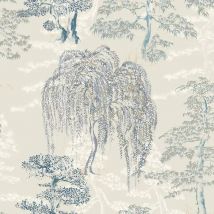 Oriental Garden Blue White Wallpaper Metallic Silver Gold Floral Trees - Arthouse