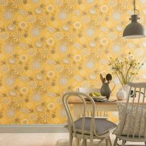 Vintage Bloom Floral Wallpaper Retro Flower Mustard Yellow Grey White Arthouse