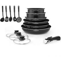 Arthur Martin - Batterie de cuisine amovible 15 pieces 16-20-22-24-26 cm noir - Tous feux dont induction