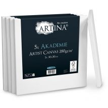 Set da 5 Tele per Pittura Akademie - 100% Cotone Bianco 280g/m² - Telaio in Legno Certificato fsc - per dipingere 30x30x8.75 cm - Artina