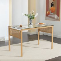 Artist Hand - 120CM Boho Dining Table for 4-6 Seater, Rectangular Metal Dinner Table Kitchen & Dining Room Furniture with Tempered Glass & Rattan