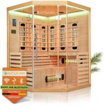 Artsauna - Infrarotkabine Kiruna150 mit 8 Vollspektrum- & 1 Flächenstrahler, 3 Personen, 150 x 150 cm, led Farblicht & Glasfront, Infrarotsauna Sauna