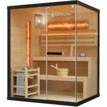Artsauna - Saunakabine Vantaa 150 mit Salzstein - Indoor Sauna 3 Personen - 4,5kW Ofen, Glasfront, led Licht, Thermometer & Sanduhr - Komplett Set