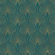 Livingwalls - a.s Creation Art Deco Fan Teal Metallic Gold Wallpaper Textured Vinyl