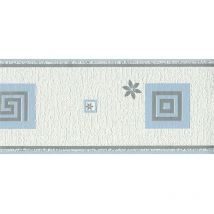 As Creation - Greek Key Floral Blue Silver Wallpaper Border Textured Vinyl
