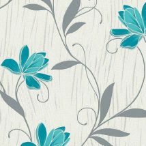 A.s.creations - Lotus Wallpaper as Creation Floral Textured Glitter Vinyl Grey Teal Blue White