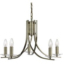 Lampadario Industrial-Nordico Ascona Acciaio Ottone Vetro 5 Luci E14