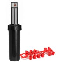 Aspersor emergente, boquilla giratoria, alcance 6.9 - 15.6 metros. Rosca 3/4' hembra. El aspersor de riego enterrado, con filtro incorporado, la