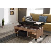 Atelier, Mesa Centro Elevable Madera Maciza Natural, Cajon Deslizante, Acabado encerado y negro