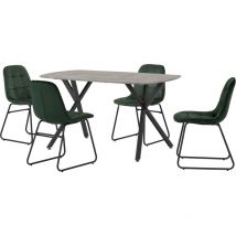 Athens Dining Set Concrete Effect with 4 Green Velvet Chairs