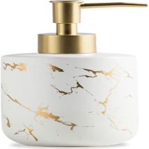 Distributeur de savon en céramique blanc et doré, bouteille de savon pour les mains de luxe de 300 ml/10 oz avec pompe en plastique pour salle de