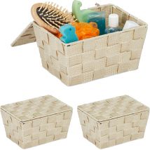 3 x Aufbewahrungskorb mit Deckel, Flechtoptik, Bad Organizer HxBxT: 10,5 x 19,5 x 14,5 cm, Körbchen Kunststoff, beige