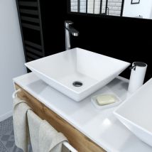 Aufsatzwaschbecken aus Keramik in weiß - Waschbecken in Maße 42 x 42 x 13 cm, geneigte Seitenwände und Flacherboden - mit Pop-up-Ablaufventil
