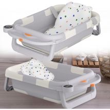 AUFUN Baignoire pliable pour bébé avec coussin de siège, siège de bain portable pour bébé, baignoire pliable, anthracite (Affichage numérique + tapis