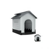 AUFUN Cuccia per Animali Domestici in Plastica da Esterno, con Griglia di Ventilazione e Pavimento Rialzato, Lucernario, 105x89x99cm, Grigio