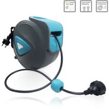 Enrouleur de câble automatique avec thermostat de protection contre les surcharges, support mural pivotant de 180°(bleu + gris,20m) - Aufun