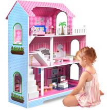 Aufun - Puppenhaus aus Holz, Holzpuppenhaus mdf und Puppenstube mit 3 Etage inkl. Möbel, Zubehör, Puppenstube für langes kreatives Spiel, Groß,