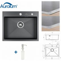 Auralum - Fregadero Cocina de Acero Inoxidable 55 x 45cm Gris oscuro, Fregaderos Cuadrado con Dispensador de Jabón, Juego de Desagüe y Sifón, Sobre
