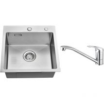 Auralum - vier 1 Bac 45x45x19CM Évier à Encastrer en Inox avec Mitigeur de Cuisine Rotatif à 360°, et Ensemble de Drainage