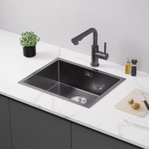 Auralum - vier 1 Bac 55x44x19CM Évier sous plan en Acier Inox Évier Cuisine Noir avec Trop-Plein et Système de Drainage, Pour meuble de 60 cm