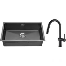 Auralum - vier 1 Bac 70x44x19CM Évier sous plan Noir avec Mitigeur Cuisine de Douchette Extractible,Trop-Plein et Système de Drainage