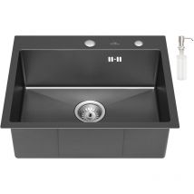 Auralum - vier Cuisine 1 Bac Gris Foncé/Noir 55x45x19CM Évier Inox avec Siphon et Trop Plein, Évier Montage à Encastrer, à Fleur de Plan,
