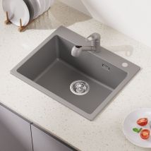 Auralum - vier Cuisine 1 Bac 55x45x20CM Évier Gris en pierre de quartz avec Trop-Plein et Ensemble de Drainage, Évier à Encastrer pour meuble de 60 cm