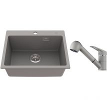 Auralum Évier Cuisine en pierre de quartz 68x45x19CM Évier à Encastrer avec Mitigeur Cuisine de Douchette Extractible, Ensemble de Drainage, Gris