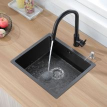 Vier 1 Bac 50x43x18CM Évier Inox Montage à Encastrer, à Fleur de Plan ou Sous plan Évier Cuisine Noir avec Siphon et Trop Plein et Distributeur de