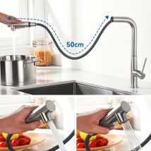 Auralum - Grifo de Cocina Extraíble de 50cm, 360° Giratorio Grifo de Fregadero Monomando Cocina en Acero Inoxidable, 2 Funciones Monomando de Cocina
