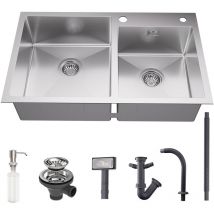 Auralum - Lavello Cucina 2 vasche 75x45cm Lavello da incasso Cucina due vasche Acciaio Inox con dispenser per sapone 300 ml, Troppopieno e Sifone