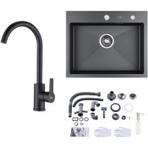 Auralum Max - Auralum Lavello da cucina lavello da incasso in acciaio inox 55 × 45 cm nero grigio + rubinetto da cucina nero ad alta pressione