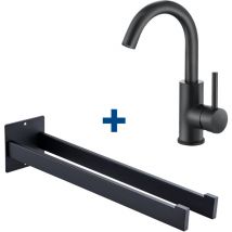 Auralum Max - Badarmatur 360° Drehbar Waschtischarmatur Einhandmischer + Edelstahl Handtuchhalter Handtuchstange, Wandhaken für Bad, Schwarz