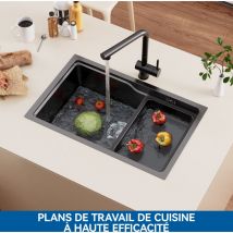 Auralum Max - vier Cuisine 1 Bac 68×43×21CM Noir Évier à Encastrer avec Egouttoir et Vasque