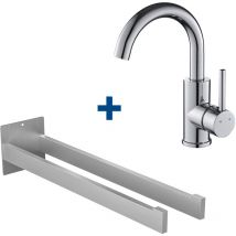 Auralum Max - grifo de baño mezclador monomando de lavabo giratorio 360° cromo + toallero de acero inoxidable, gancho de pared para baño