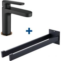 Rubinetto bagno miscelatore lavabo miscelatore monocomando + portasciugamani in acciaio inox, gancio a muro per bagno, nero - Auralum Max