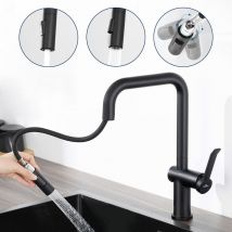 Auralum - Grifo de Cocina Extraíble Negro, 360° Giratorio Grifo Cocina de Acero inoxidable, Mezclador Monomando de Fregadero, Agua caliente y fría