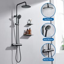 Auralum - Negro Columna de ducha con Termostática 38°C, Conjunto de ducha termostática con rociador ducha y teleducha 3 modos, Altura ajustable tras