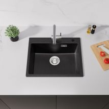 Vier Cuisine en pierre de quartz - 55x45x20 cm - Évier 1 Bac Noir avec Ensemble de Drainage, Montage à Encastrer - Auralum