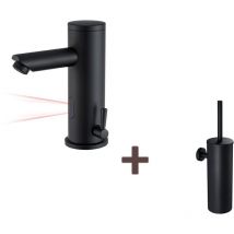 Auralum - Robinet de lavabo infrarouge Noir entièrement automatique+Brosse Toilettes wc Suspendu avec Support de Brosse, Acier INOX,Noir